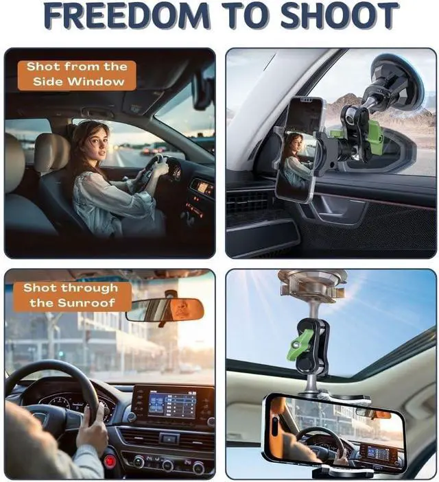 Alt view image 5 of 7 - Suction Cup Phone Mount, Ultra-Stable Phone Holder for Vlog Shooting, 360 Rotation for Windshield, Roof Glass, Car Window, Fit for All Smartphones