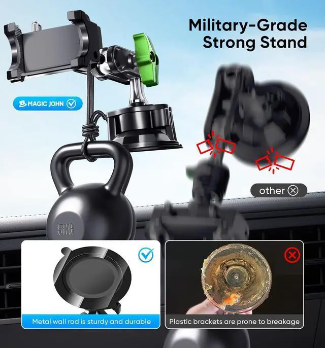 Alt view image 4 of 7 - MAGIC JOHN Car Phone Holder, Ultra-Durable Mteal Phone Holders for Your Car, 360° Rotation Cell Phone Car Mount for Windshield, Suction Cup Car Phone Mount for iPhone Samsung All Smartphone