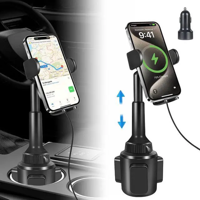 Main image of Upgraded Wireless Car Charger, Cup Holder Phone Mount with 15W Fast Charging Phone Holder Adjustable Long Arm Height, Compatible with iPhone 16 15 14 13 Samsung LG and More (with Car Adapter)