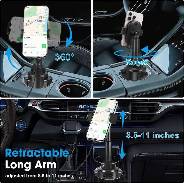 Alt view image 3 of 7 - Upgraded Wireless Car Charger, Cup Holder Phone Mount with 15W Fast Charging Phone Holder Adjustable Long Arm Height, Compatible with iPhone 16 15 14 13 Samsung LG and More (with Car Adapter)