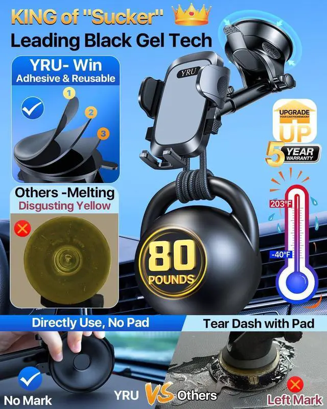 Alt view image 3 of 7 - YRU [2025 Upgrade Extreme Strong Suction] Car Phone Holder Mount,[Bumpy Road Stable] Dashboard Cell Phone Holder for Car Vent Windshield Phone Stand for iPhone 16 15 14 13 Pro Max Samsung Truck, Grey