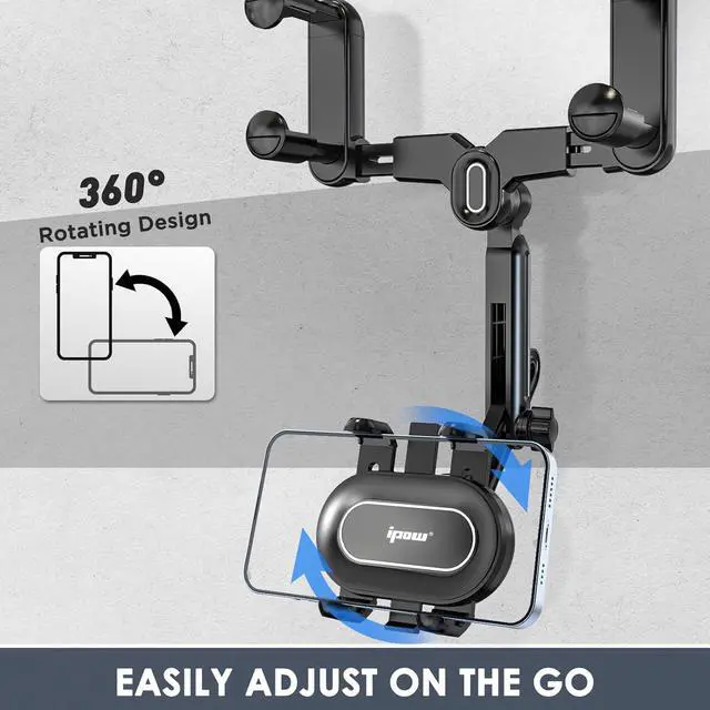Alt view image 4 of 7 - IPOW Large Rearview Mirror Phone Holder for Car 360°Rotatable and Retractable, 2024 Upgraded Four Corners Fixed Anti-Shake Multifunctional Design for Car Rearview Mirror with Button