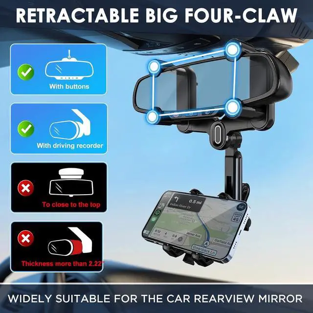 Alt view image 5 of 7 - IPOW Large Rearview Mirror Phone Holder for Car 360°Rotatable and Retractable, 2024 Upgraded Four Corners Fixed Anti-Shake Multifunctional Design for Car Rearview Mirror with Button