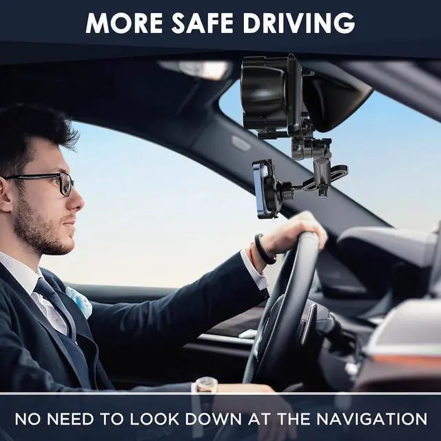 Alt view image 7 of 7 - IPOW Large Rearview Mirror Phone Holder for Car 360°Rotatable and Retractable, 2024 Upgraded Four Corners Fixed Anti-Shake Multifunctional Design for Car Rearview Mirror with Button