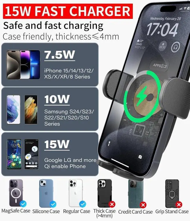 Alt view image 6 of 7 - APPS2Car Car Cup Phone Holder Wireless Charger with QC 3.0 Adapter, 15 Watt Qi Fast Charging, Compatible with iPhone 11/12/13/14/15/16/Pro/Max/Plus and Universal All Models Phone Holder