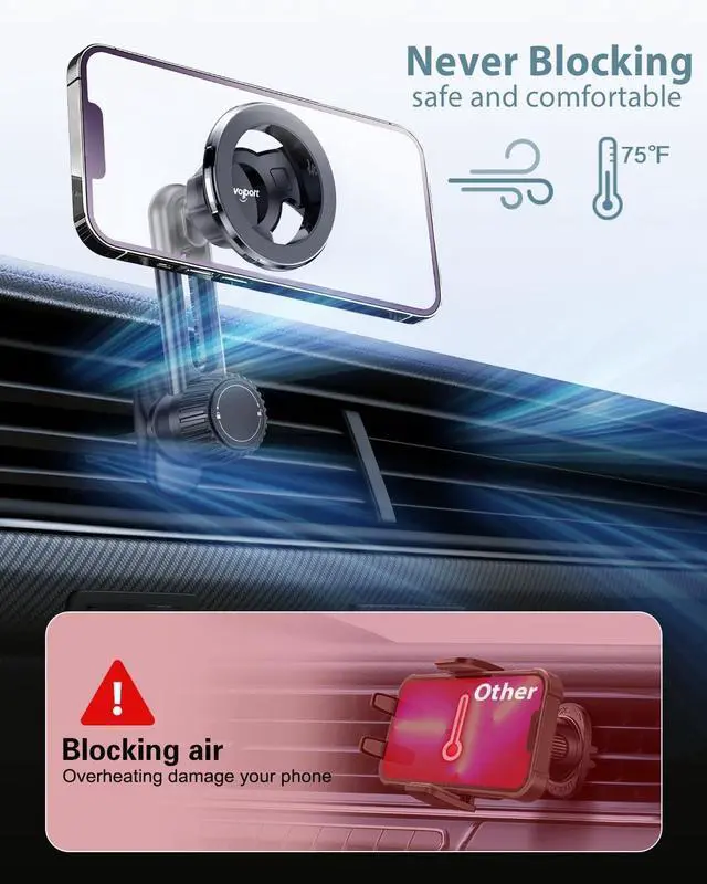 Alt view image 2 of 6 - volport Magnetic Phone Holder for Car Vent, [Non Blocking] Car Phone Holder for iPhone Magnetic Case, Strong Magnet Car Vent Mount for iPhone 15 14 13 Pro Max Mini Plus Case P-Socket