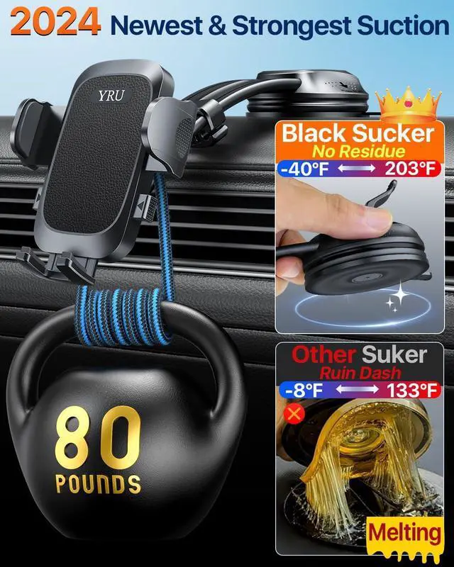 Alt view image 2 of 7 - YRU 2025 BestRotate 90+LBS Safest Strongest Suction Ultimate Car Phone Holder MountMilitary-Grade & All Patent Safety Certs Dashboard Windshield for iPhone 16 15 Pro Max 14 13 Samsung, Black