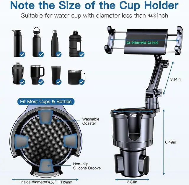 Alt view image 3 of 6 - Cup Holder Phone Tablet Mount, 2 in 1 Car Cup Holder with Expander Adjustable Long Arm for Car,360°Rotation Phone Tablet Mount Compatible for Tablet IPad, All Smartphones and Most Bottles
