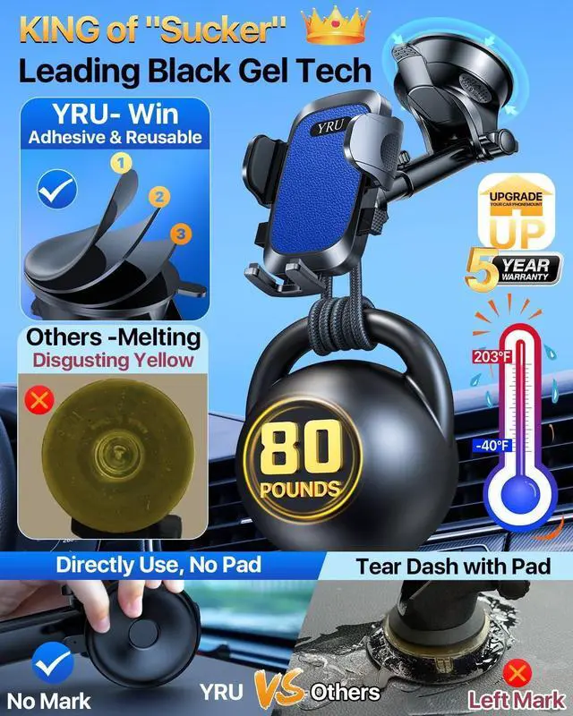Alt view image 4 of 7 - YRU [2025 Upgrade Extreme Strong Suction] Car Phone Holder Mount,[Bumpy Road Stable] Dashboard Cell Phone Holder for Car Vent Windshield Phone Stand for iPhone 16 15 14 13 Pro Max Samsung Truck, Blue