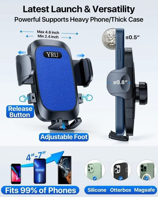 Alt view image 3 of 7 - YRU [2025 Upgrade Extreme Strong Suction] Car Phone Holder Mount,[Bumpy Road Stable] Dashboard Cell Phone Holder for Car Vent Windshield Phone Stand for iPhone 16 15 14 13 Pro Max Samsung Truck, Blue
