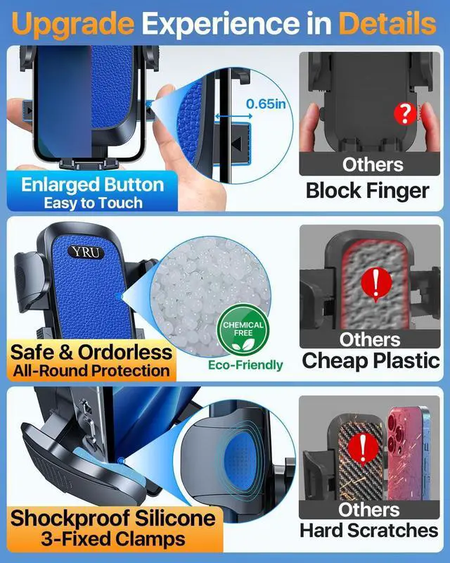 Alt view image 7 of 7 - YRU [2025 Upgrade Extreme Strong Suction] Car Phone Holder Mount,[Bumpy Road Stable] Dashboard Cell Phone Holder for Car Vent Windshield Phone Stand for iPhone 16 15 14 13 Pro Max Samsung Truck, Blue