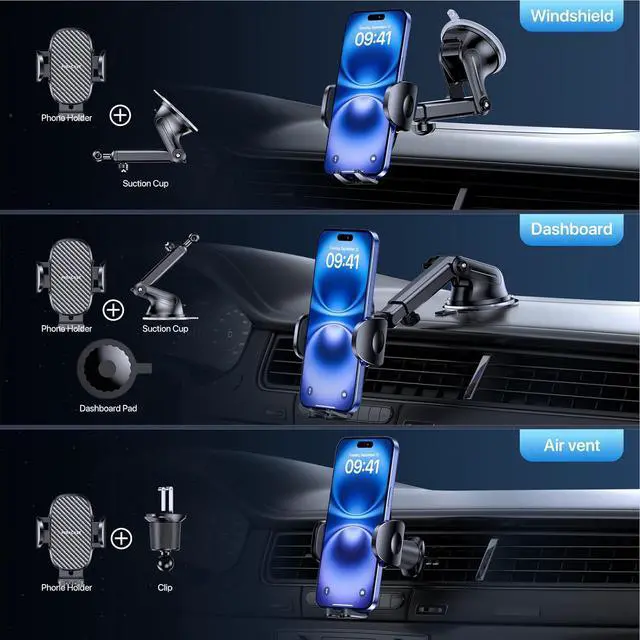 Alt view image 2 of 7 - Miracase Phone Holders for Your Car, [Thick Case & Heavy Phone Friendly] Universal Cell Phone Car Mount, 3-in-1 Phone Mount for Car Dashboard Windshield Air Vent Fit for All Smartphones, Dark Black