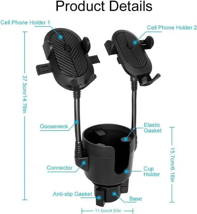 Main image of JINKEY Dual Cup Phone Holder for Car, 360°Rotatable Car Phone Mount Adjustable Gooseneck Cell Phone Cup Holder Universal Fits for Most 4"-6.7" i-Phone Cell Phone Automobile Cradles