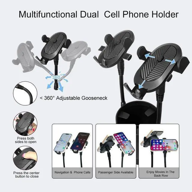 Alt view image 2 of 7 - JINKEY Dual Cup Phone Holder for Car, 360°Rotatable Car Phone Mount Adjustable Gooseneck Cell Phone Cup Holder Universal Fits for Most 4"-6.7" i-Phone Cell Phone Automobile Cradles