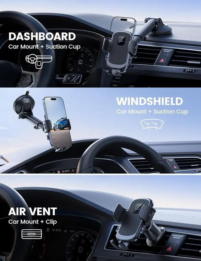Alt view image 2 of 7 - Car Phone Holder Mount [3-in-1 Military-Grade Suction Cup] 360° Rotation Phone Holders for Your Car [Metal Hook] Cell Phone Car Mount Dashboard Vent Windshield for iPhone 16 All Smartphone