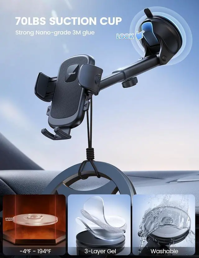 Alt view image 3 of 7 - Car Phone Holder Mount [3-in-1 Military-Grade Suction Cup] 360° Rotation Phone Holders for Your Car [Metal Hook] Cell Phone Car Mount Dashboard Vent Windshield for iPhone 16 All Smartphone