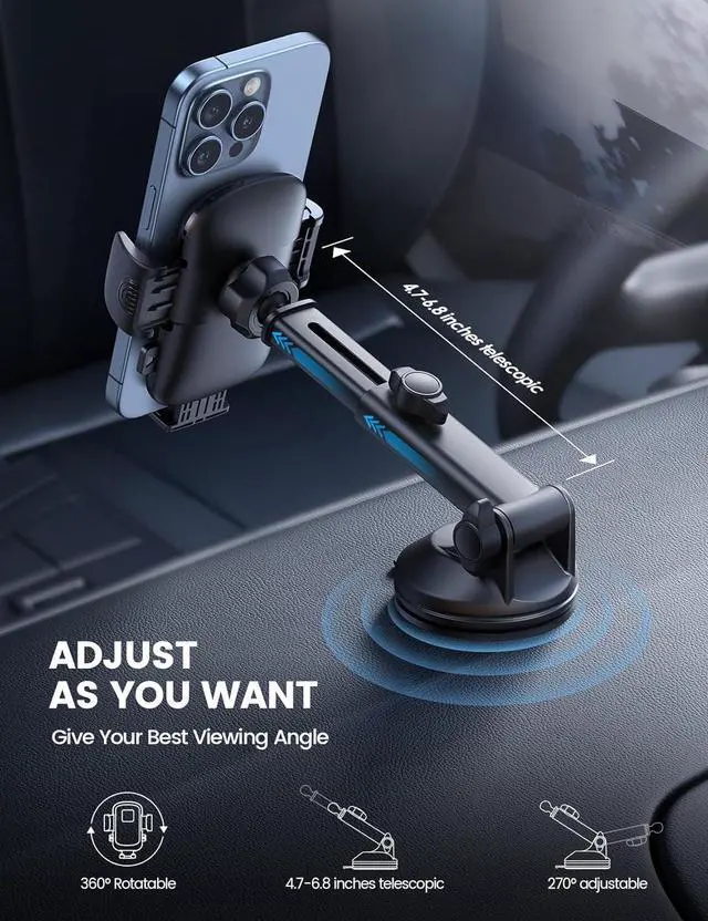Alt view image 7 of 7 - Car Phone Holder Mount [3-in-1 Military-Grade Suction Cup] 360° Rotation Phone Holders for Your Car [Metal Hook] Cell Phone Car Mount Dashboard Vent Windshield for iPhone 16 All Smartphone