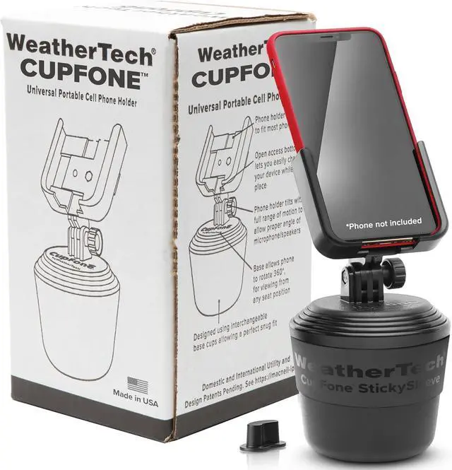 Main image of WeatherTech CupFone  Adjustable, Universal Cup Holder Phone Mount Accessory for Car  Compatible with iPhone & Other Smartphones  Open Access Design for Cell Phone Charging - Black Plastic Knobs
