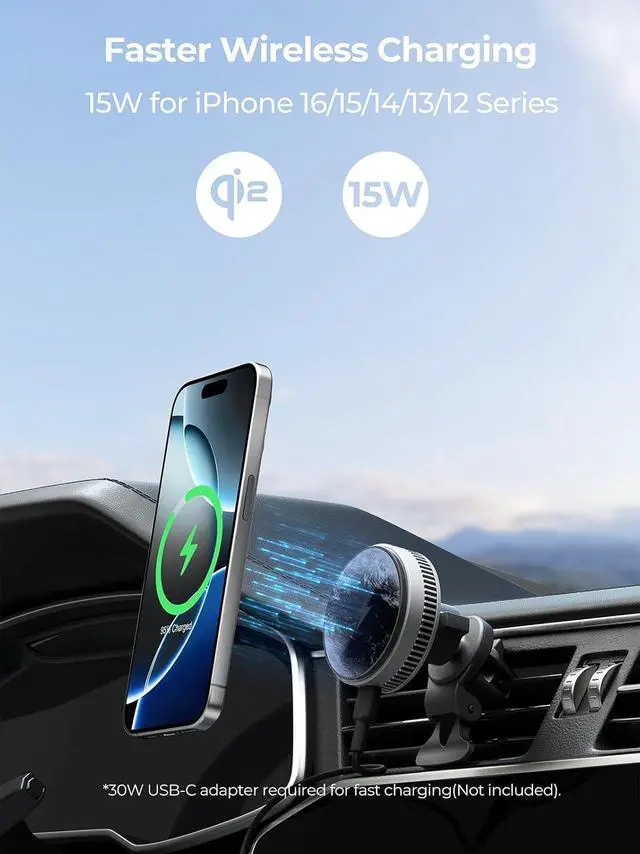 Alt view image 2 of 7 - Magnetic Car Charger, Active Cooling 15W Qi2-Certified Fast Charging Compatible with Magsafe Car Charger, Air Vent Phone Holder Mount for iPhone 16/15/14/13/12 and More Series