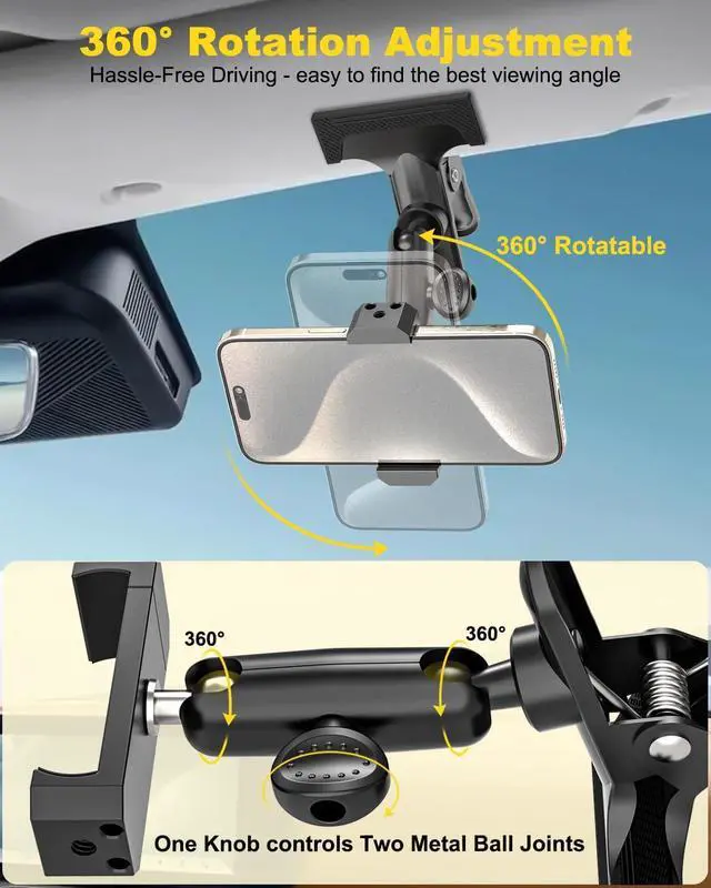 Alt view image 2 of 7 - Sun Visor Car Phone Mount, Upgraded Durable All Metal - Cell Phone Holder for Car Visor, 360° Adjustable Steering Wheel Clip for iPhone 16 15 14 13 Pro Max, Glalaxy S A Serie, Z Flip,4-7" Phone