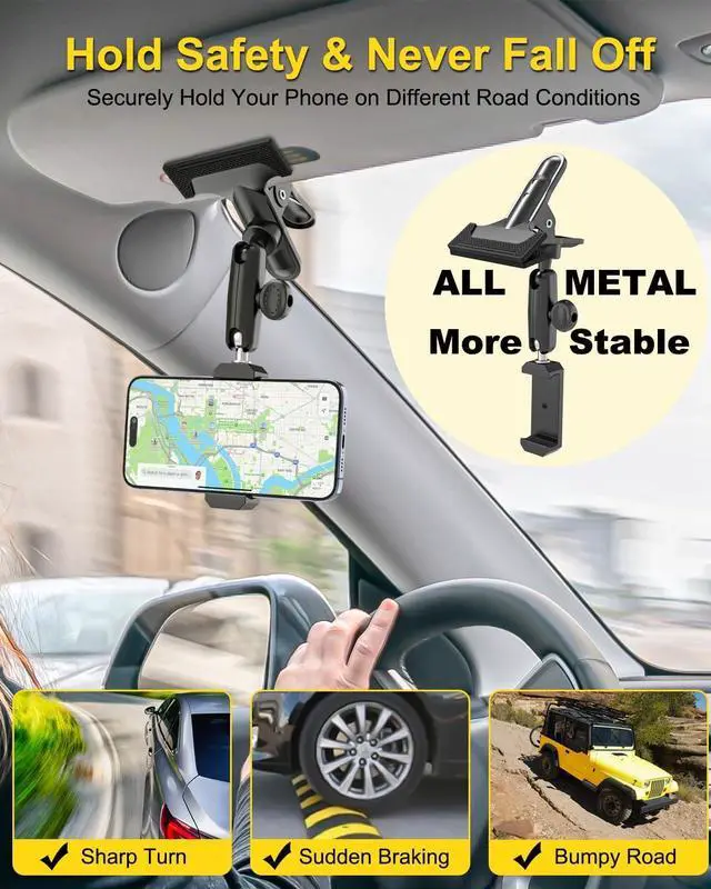 Alt view image 3 of 7 - Sun Visor Car Phone Mount, Upgraded Durable All Metal - Cell Phone Holder for Car Visor, 360° Adjustable Steering Wheel Clip for iPhone 16 15 14 13 Pro Max, Glalaxy S A Serie, Z Flip,4-7" Phone