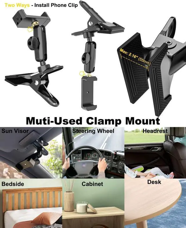 Alt view image 6 of 7 - Sun Visor Car Phone Mount, Upgraded Durable All Metal - Cell Phone Holder for Car Visor, 360° Adjustable Steering Wheel Clip for iPhone 16 15 14 13 Pro Max, Glalaxy S A Serie, Z Flip,4-7" Phone