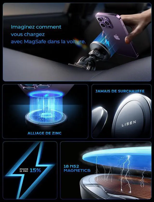 Alt view image 5 of 7 - LISEN for 15W MagSafe Car Mount Charger,Air Vent/Dashboard iPhone Magnetic Wireless Car Charger,Super Fast Charging MagSafe Charging Mount Wireless for iPhone 16 15 14 13 12,Black