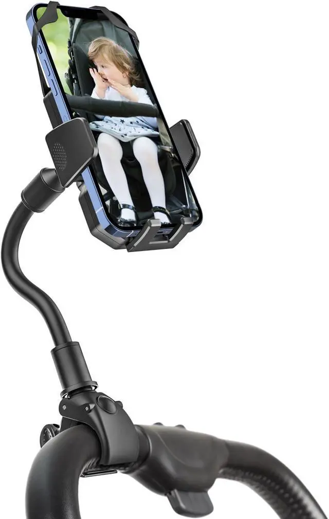 Main image of Gooseneck Stroller Phone Holder, Cell Phone Mount Pole Clamp for Baby Stroller, Shopping Cart, wheelchair, One Hand Operation Phone Clip, for iPhone 16 15 Pro Max 14 13 12 11, Android, All Smartphones