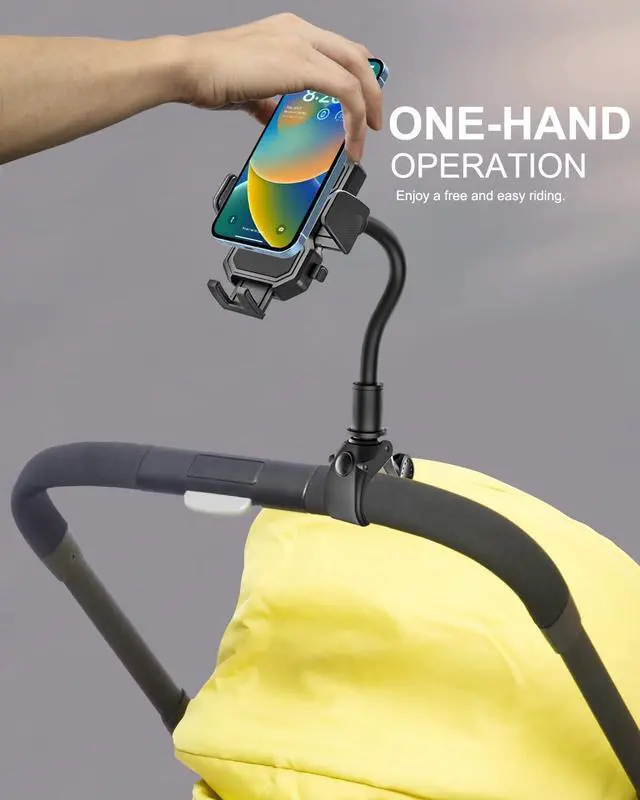 Alt view image 3 of 6 - Gooseneck Stroller Phone Holder, Cell Phone Mount Pole Clamp for Baby Stroller, Shopping Cart, wheelchair, One Hand Operation Phone Clip, for iPhone 16 15 Pro Max 14 13 12 11, Android, All Smartphones
