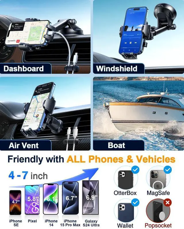 Alt view image 3 of 7 - [True Military-Grade &360 Degrees Rotatable Suction] 2025 YRU Ultimate Car Phone Holder Mount 90+LBS Safest Strongest Patent Certs Dashboard Windshield Vent for iPhone 16 15 Pro Max Samsung Dark Black