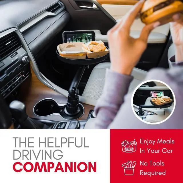 Alt view image 2 of 6 - Macally Cup Holder Tray for Car - Adjustable Car Tray Table - Perfect Car Food Tray for Eating with Phone Slot and Swivel Arm - Car Organizer