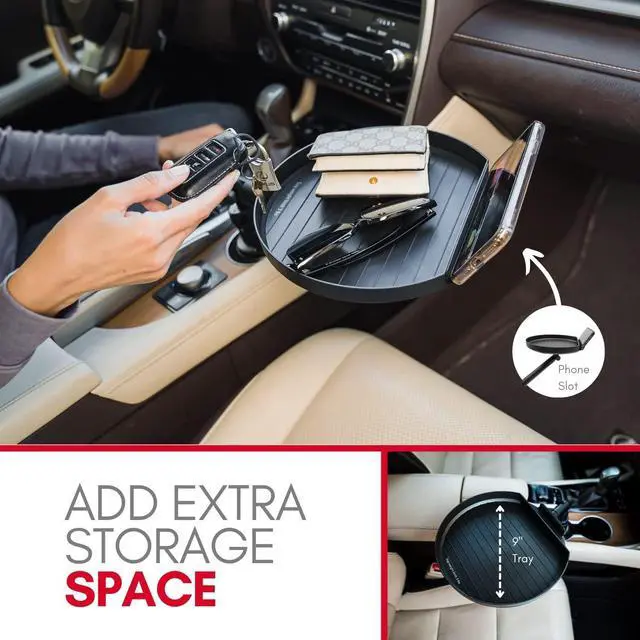 Alt view image 3 of 6 - Macally Cup Holder Tray for Car - Adjustable Car Tray Table - Perfect Car Food Tray for Eating with Phone Slot and Swivel Arm - Car Organizer