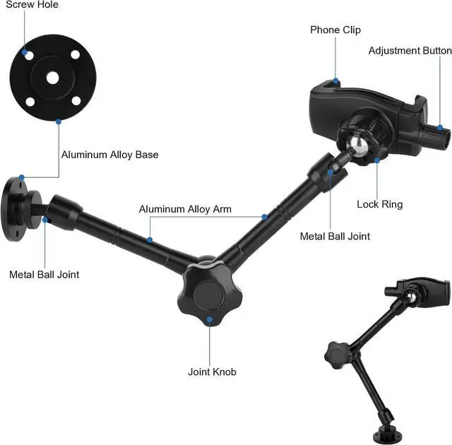 Alt view image 2 of 7 - Wall Mount Phone Stand for Car/Desk/Boat/Desk/Vehicles Dashboard,360° Adjustable Aluminum Alloy Mount 10 inch Arm Holder,Compatible with 3.5~7.5" iPhone/HTC/LG/Huawei/Smartphones