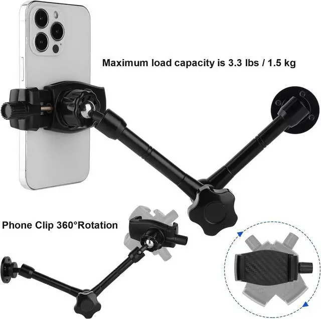 Alt view image 3 of 7 - Wall Mount Phone Stand for Car/Desk/Boat/Desk/Vehicles Dashboard,360° Adjustable Aluminum Alloy Mount 10 inch Arm Holder,Compatible with 3.5~7.5" iPhone/HTC/LG/Huawei/Smartphones