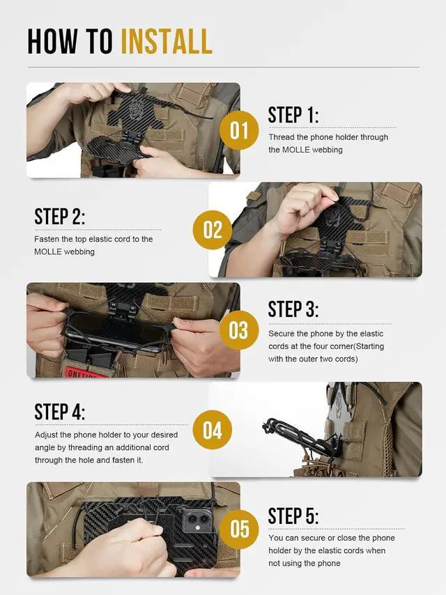 Alt view image 5 of 7 - OneTigris MOLLE Phone Holder Version 2.0, Plate Carrier Accessories Tactical Vest Phone Holder Phone Chest Mount for Cellphone Screen Size 4.7"-6.8"