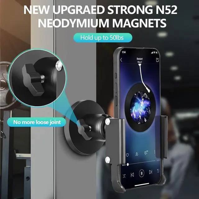 Alt view image 2 of 7 - Gym Magnetic Phone Holder, All Metal Magnet Base Phone Mount for Gym Equipment, Tractor, Refrigerator, Forklift, or Any Ferrous Metal Surface, Compatible with All Smartphones