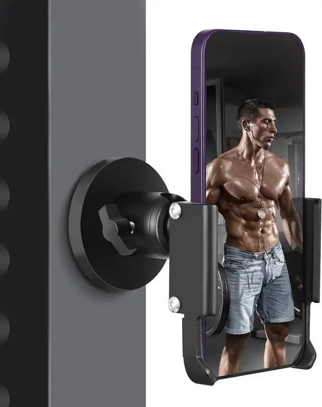 Main image of Gym Magnetic Phone Holder, All Metal Magnet Base Phone Mount for Gym Equipment, Tractor, Refrigerator, Forklift, or Any Ferrous Metal Surface, Compatible with All Smartphones