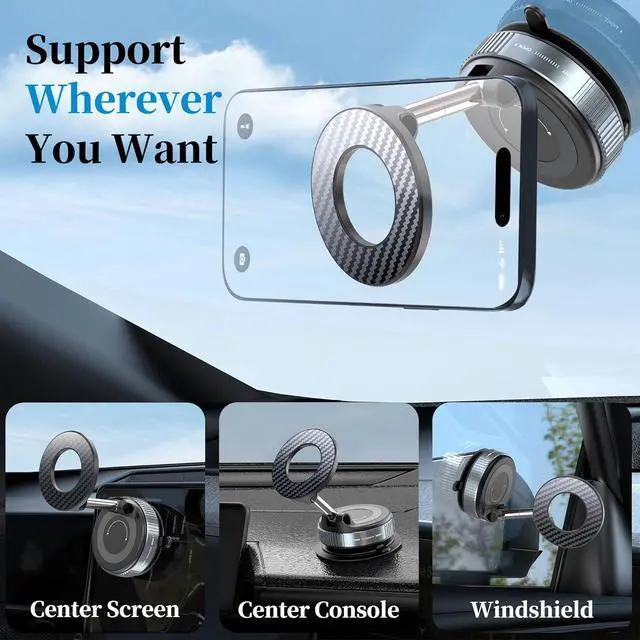 Alt view image 3 of 7 - PlusAcc Vacuum Magnetic Phone Holder for Car - Suction Cup Phone Mount 360° Rotatable Foldable Portable Strong Magnet Stand for iPhone 16/15/14/13 in Gym, Mirror, Smooth Surface, All Vehicles