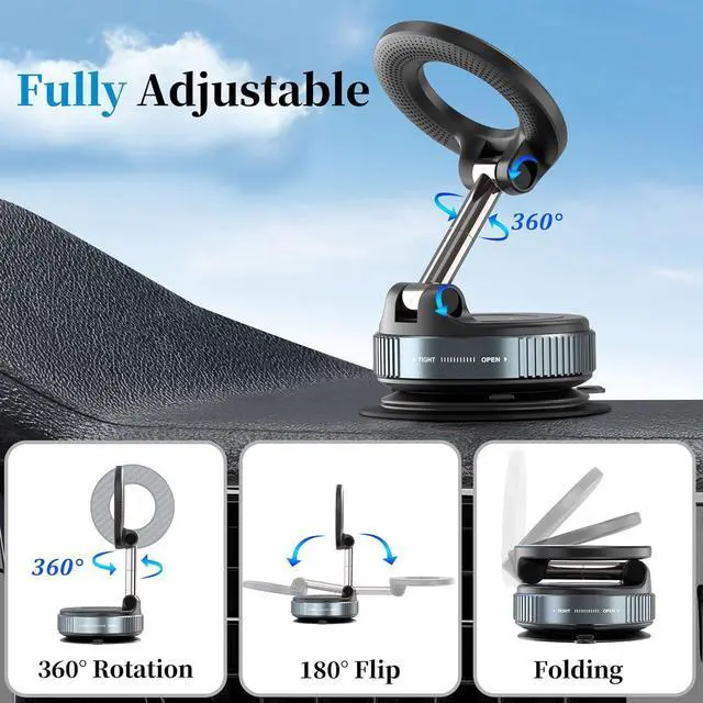 Alt view image 4 of 7 - PlusAcc Vacuum Magnetic Phone Holder for Car - Suction Cup Phone Mount 360° Rotatable Foldable Portable Strong Magnet Stand for iPhone 16/15/14/13 in Gym, Mirror, Smooth Surface, All Vehicles