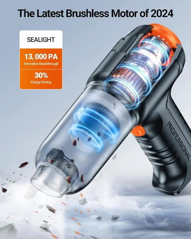 Alt view image 3 of 7 - SEALIGHT Mini Car Vacuum Wireless, High Power Suction and Air Duster, Lightweight and Compact Handheld Vacuum, Portable Vacuum Cleaner for Car, Home, Office, Pet