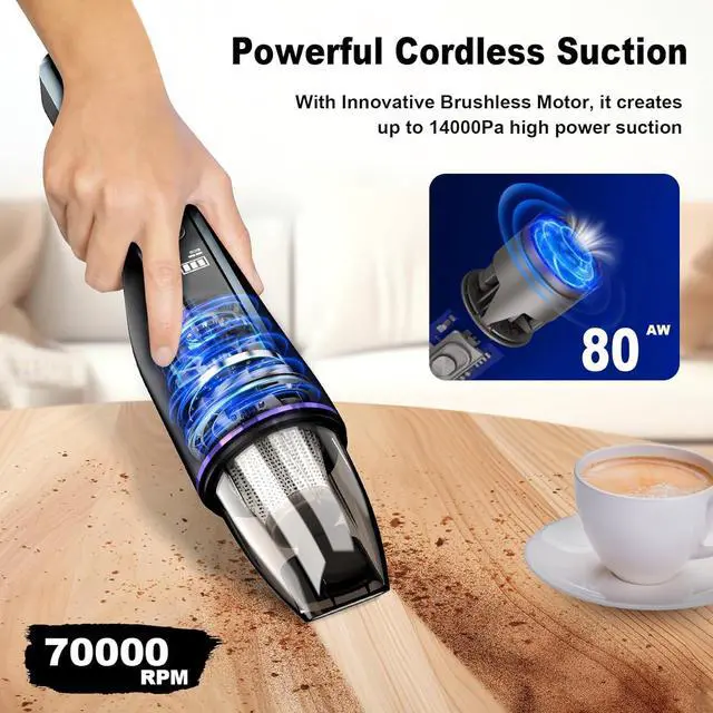 Alt view image 4 of 7 - Handheld Vacuum Cordless, Car Vacuum with Brushless Motor & 14000Pa Suction, 1.2lbs Lightweight, LED Light, Slim Mini Vacuum Cleaner for Car Home Pet