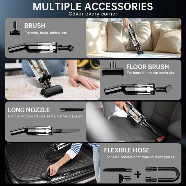 Alt view image 5 of 6 - Handheld Vacuum Cordless, Car Vacuum with 16000Pa Powerful Suction, Lightweight at 1.3 lbs, Type-C Charge, Multiple Accessories, Rechargeable Vacuum Cleaners for Home Office Car Pet
