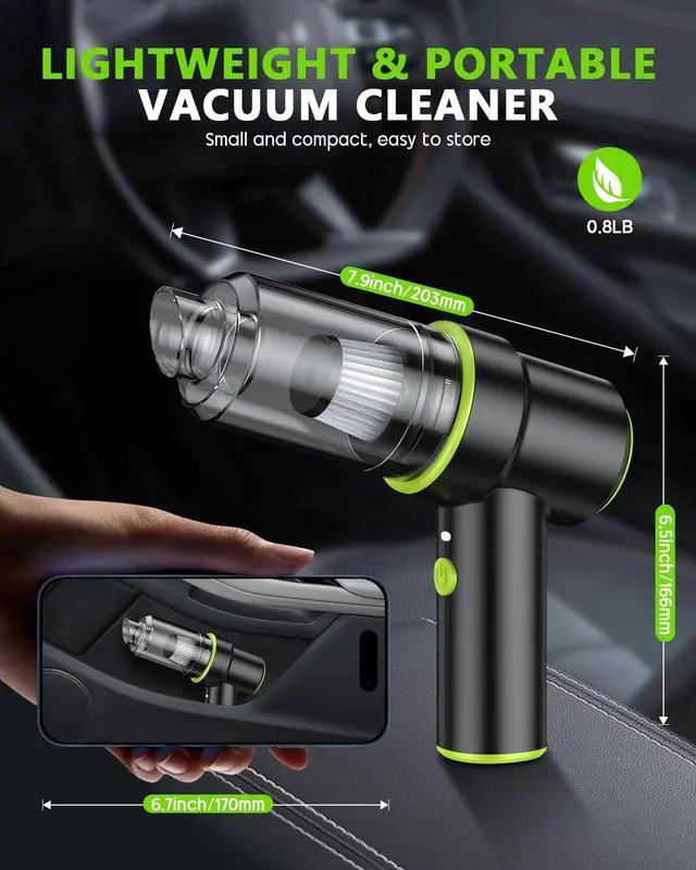 Alt view image 7 of 7 - CODN Handheld Car Vacuum Portable Cordless 12000PA, 2 in 1 Handheld Vacuum Cleaner and Air Duster with Multi-Nozzles and LED Light, Mini Hand Held Vacuum Rechargeable for Home, Car, Office, Pet Hair