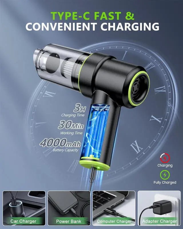 Alt view image 4 of 7 - CODN Handheld Car Vacuum Portable Cordless 12000PA, 2 in 1 Handheld Vacuum Cleaner and Air Duster with Multi-Nozzles and LED Light, Mini Hand Held Vacuum Rechargeable for Home, Car, Office, Pet Hair
