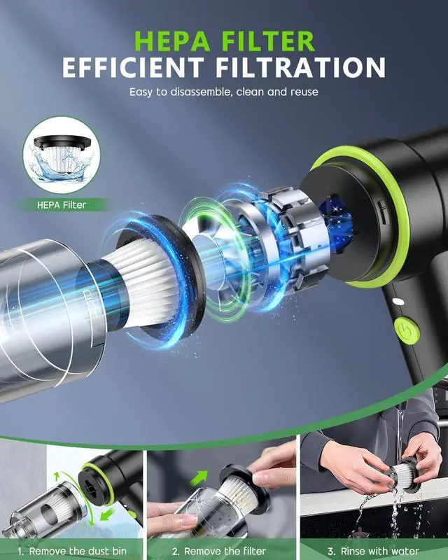Alt view image 6 of 7 - CODN Handheld Car Vacuum Portable Cordless 12000PA, 2 in 1 Handheld Vacuum Cleaner and Air Duster with Multi-Nozzles and LED Light, Mini Hand Held Vacuum Rechargeable for Home, Car, Office, Pet Hair