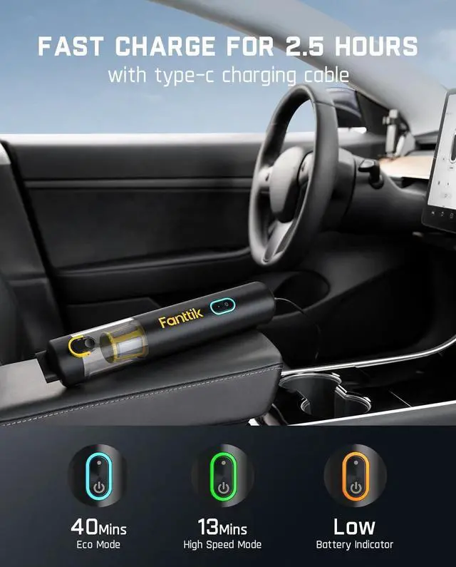 Alt view image 4 of 7 - Slim V8 APEX Car Vacuum, 4-in-1 Portable Mini Cordless Vacuum with 19000pa Suction Power, Type-C Charge, 2 Suction Modes, Handheld Vacuum for Car, Office Desk, Keyboards (Black)
