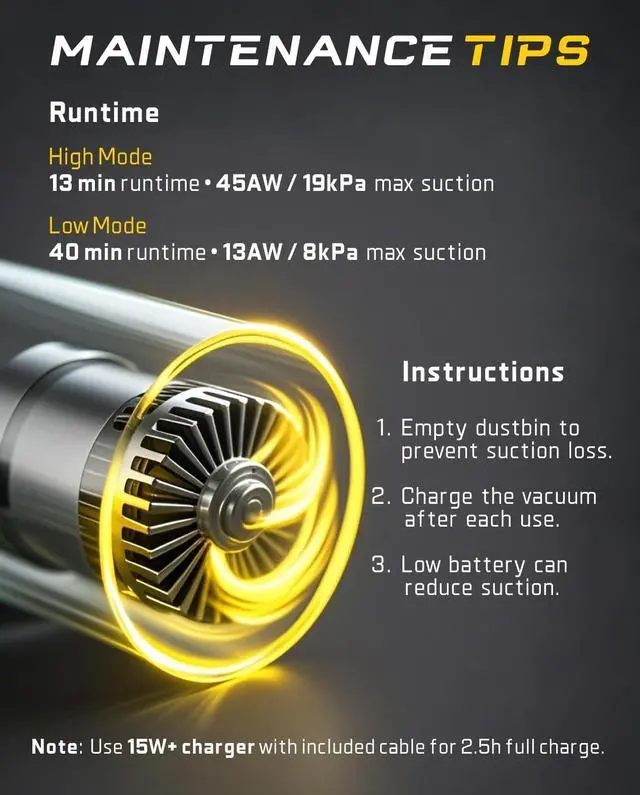 Alt view image 3 of 7 - Slim V8 APEX Car Vacuum, 4-in-1 Portable Mini Cordless Vacuum with 19000pa Suction Power, Type-C Charge, 2 Suction Modes, Handheld Vacuum for Car, Office Desk, Keyboards (Black)