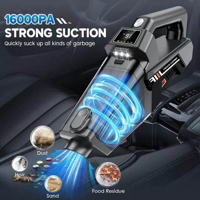 Alt view image 2 of 7 - EYYA Handheld Vacuum Cordless, 16KPA Powerful Suction Hand Held Vacuum Cleaner Dust Busters Cordless Rechargeable, HD Display & 3 LED Lights, Portable Vacuum for Car, Home, Pet Hair