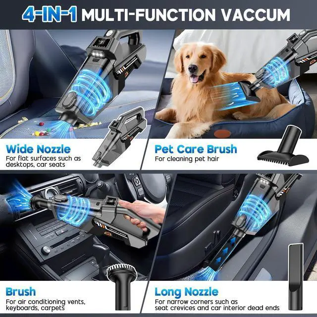 Alt view image 4 of 7 - EYYA Handheld Vacuum Cordless, 16KPA Powerful Suction Hand Held Vacuum Cleaner Dust Busters Cordless Rechargeable, HD Display & 3 LED Lights, Portable Vacuum for Car, Home, Pet Hair