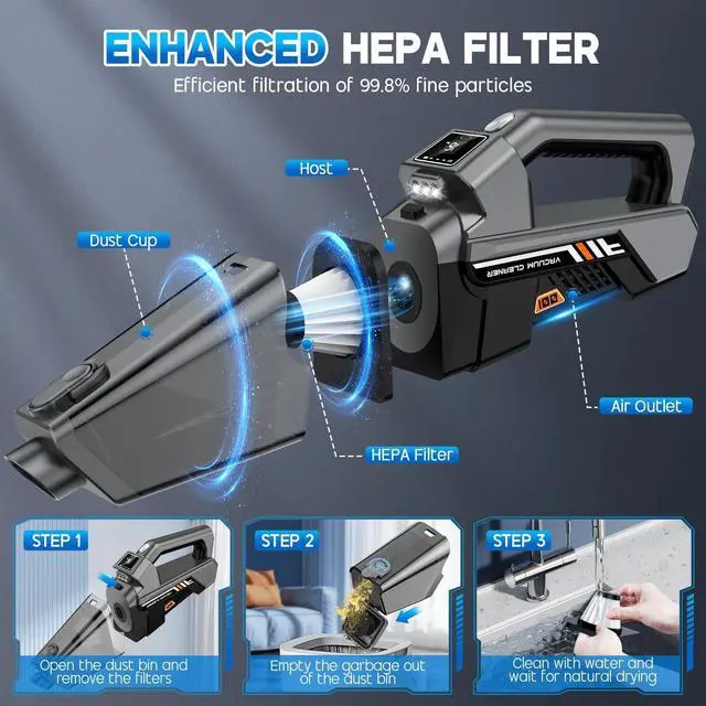 Alt view image 5 of 7 - EYYA Handheld Vacuum Cordless, 16KPA Powerful Suction Hand Held Vacuum Cleaner Dust Busters Cordless Rechargeable, HD Display & 3 LED Lights, Portable Vacuum for Car, Home, Pet Hair